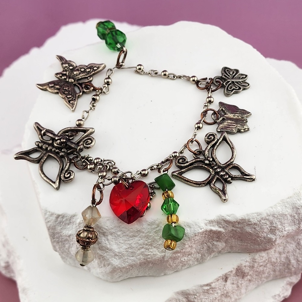 R.I. Bead & Comp. Butterfly Charm Bracelet Red Heart Green Glass Beads Boho